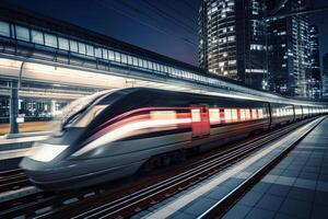 moderno alto velocità treno a notte. veloce treno nel città con movimento sfocatura effetto, pubblico trasporto. ferrovia trasporto. creato con generativo ai foto