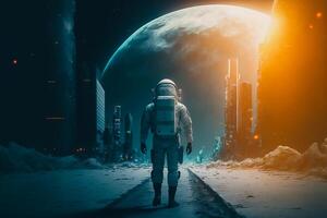 futuristico astronauta in piedi su il Luna con nuovo cittadina, generativo ai foto