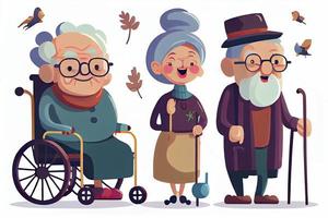 cartone animato vecchio le persone. contento anziano cittadini, Disabilitato anziano su più vecchio sedia a rotelle e cura gli anziani sorridente foto