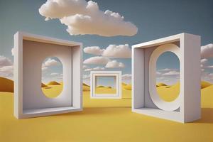 surreale deserto paesaggio con bianca nuvole andando in il giallo piazza portali su soleggiato giorno foto
