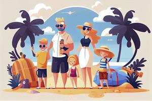 contento famiglia con Due bambini godere estate vacanza su mare. estate viaggio e tempo libero su mare spiaggia foto