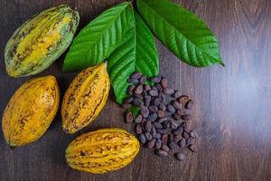 frutta e foglie di cacao con chicchi di caffè foto