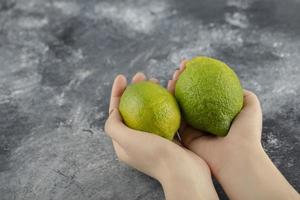 mani della donna che tengono due limoni freschi verdi