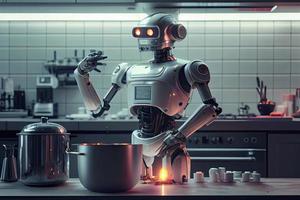 robot capocuoco cucinando nel cucina di futuro casa genio, inteligente robot Lavorando nel moderno Casa foto