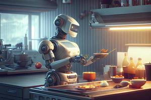 robot capocuoco cucinando nel cucina di futuro casa genio, inteligente robot Lavorando nel moderno Casa foto