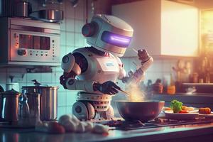 robot capocuoco cucinando nel cucina di futuro casa genio, inteligente robot Lavorando nel moderno Casa foto