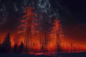 elettricità trasmissione torri con arancia raggiante fili il stellato notte cielo foto