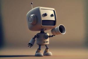 in linea marketing idea con un' piccolo, adorabile robot Tenere un' megafono senza suo gambe foto