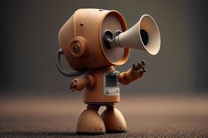 in linea marketing idea con un' piccolo, adorabile robot Tenere un' megafono senza suo gambe foto