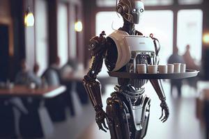 un' umanoide robot Cameriere trasporta un' vassoio di cibo e bevande nel un' ristorante foto