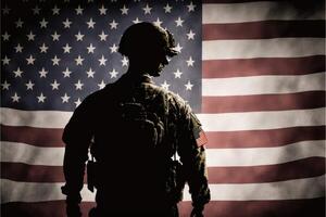 noi americano bandiera su soldato sfondo. ai generato foto