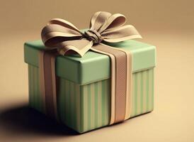 ai generato verde regalo scatola con Marrone nastro su pastello tono sfondo. foto
