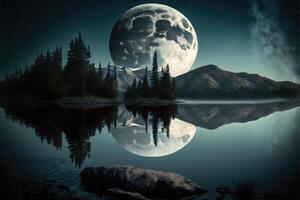 pieno Luna al di sopra di un' lago. ai generato foto