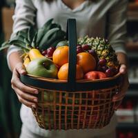 donna le foglie il mercato con un' cestino o un' grande pacchetto pieno di frutta e verdure. generativo ai foto