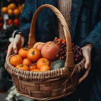 donna le foglie il mercato con un' cestino o un' grande pacchetto pieno di frutta e verdure. generativo ai foto