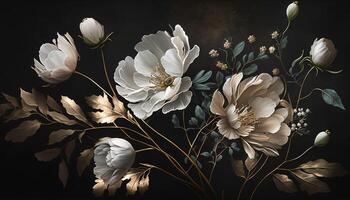 generativo ai, vicino su di fioritura aiuole di sorprendente bianca e d'oro fiori su buio lunatico floreale strutturato sfondo. fotorealistico effetto. foto