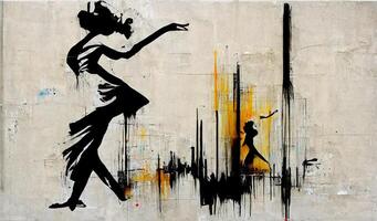 generativo ai, danza donna o ragazza, dinamico movimento. inchiostro dipingere colorato spruzzi strada graffiti arte su un' strutturato carta Vintage ▾ sfondo, ispirato di Banksy. foto