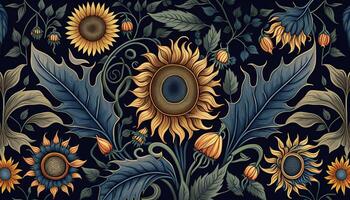 generativo ai, floreale colorato modello. William morris ispirato naturale impianti e girasoli sfondo, Vintage ▾ illustrazione. fogliame ucraino ornamento. foto