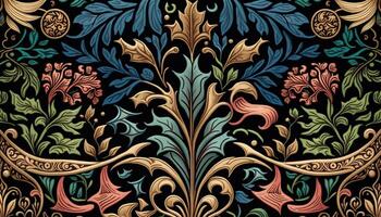 generativo ai, floreale colorato modello. William morris ispirato naturale impianti e fiori sfondo, Vintage ▾ illustrazione. fogliame ornamento. foto