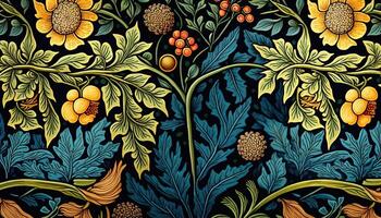 generativo ai, floreale giallo, blu, verde colori modello. William morris ispirato naturale impianti e fiori sfondo, Vintage ▾ illustrazione. fogliame ornamento. foto