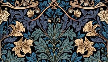 generativo ai, floreale colorato modello. William morris ispirato naturale impianti e fiori sfondo, Vintage ▾ illustrazione. fogliame ornamento. foto