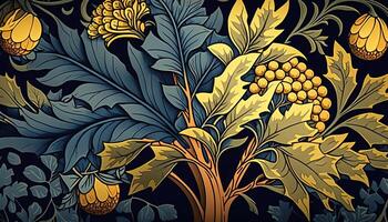 generativo ai, floreale giallo, blu, verde colori modello. William morris ispirato naturale impianti e fiori sfondo, Vintage ▾ illustrazione. fogliame ornamento. foto