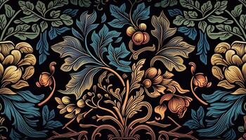 generativo ai, floreale colorato modello. William morris ispirato naturale impianti e fiori sfondo, Vintage ▾ illustrazione. fogliame ornamento. foto