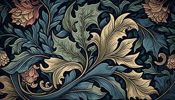 generativo ai, floreale colorato modello. William morris ispirato naturale impianti e fiori sfondo, Vintage ▾ illustrazione. fogliame ornamento. foto