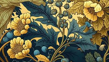 generativo ai, floreale giallo, blu, verde colori modello. William morris ispirato naturale impianti e fiori sfondo, Vintage ▾ illustrazione. fogliame ornamento. foto