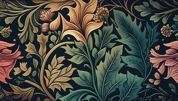 generativo ai, floreale colorato modello. William morris ispirato naturale impianti e fiori sfondo, Vintage ▾ illustrazione. fogliame ornamento. foto