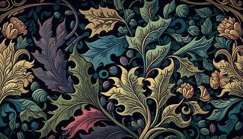 generativo ai, floreale colorato modello. William morris ispirato naturale impianti e fiori sfondo, Vintage ▾ illustrazione. fogliame ornamento. foto