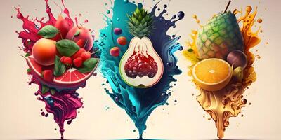 dolce tropicale frutta e misto frutti di bosco. spruzzo di succo. anguria, Banana, ananas, fragola, arancia, Mango, mirtillo, ciliegia, kiwi, papaia. realistico illustrazione, ai generato foto