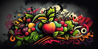 generativo aifruits graffiti sfondo, mescolare frutta scarabocchio con strada arte stile , ai generato foto