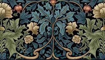 generativo ai, floreale colorato modello. William morris ispirato naturale impianti e fiori sfondo, Vintage ▾ illustrazione. fogliame ornamento. foto