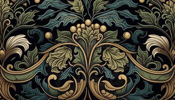 generativo ai, floreale colorato modello. William morris ispirato naturale impianti e fiori sfondo, Vintage ▾ illustrazione. fogliame ornamento. foto