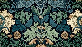 generativo ai, floreale colorato modello. William morris ispirato naturale impianti e fiori sfondo, Vintage ▾ illustrazione. fogliame ornamento. foto