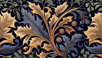 generativo ai, floreale colorato modello. William morris ispirato naturale impianti e fiori sfondo, Vintage ▾ illustrazione. fogliame ornamento. foto