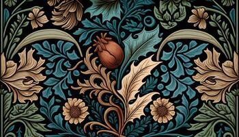 generativo ai, floreale colorato modello. William morris ispirato naturale impianti e fiori sfondo, Vintage ▾ illustrazione. fogliame ornamento. foto