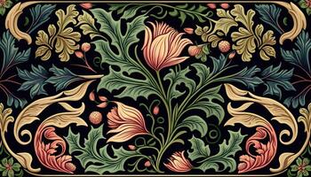 generativo ai, floreale colorato modello. William morris ispirato naturale impianti e fiori sfondo, Vintage ▾ illustrazione. fogliame ornamento. foto