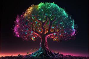 ai generato fertile albero illuminato con colorato neon luci foto