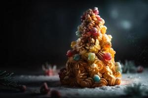 chiuso su di biscotti Natale albero e bokeh sfondo. celebrazione Natale giorno sfondo. foto