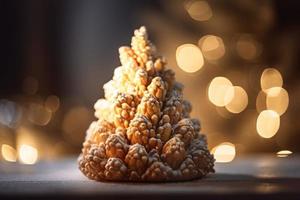 chiuso su di biscotti Natale albero e bokeh sfondo. celebrazione Natale giorno sfondo. foto