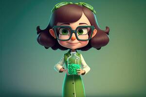 ai generato carino giovane ragazza scienziato Tenere un' laboratorio borraccia su verde sfondo. 3d cartone animato stile. foto