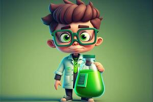 ai generato carino giovane ragazzo scienziato Tenere un' laboratorio borraccia su verde sfondo. 3d cartone animato stile. foto