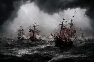 illustrazione pirati battaglia su tempestoso mare fatto con generativo ai foto