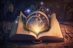 Aperto magico libro con raggiante luci al di sopra di pagine su astratto sfondo. fantasia lettura. creato con generativo ai foto