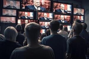 persone Guardando un' lotto di retrò televisori. propaganda e falso notizia concetto. politici manipolare società con Aiuto di pubblico televisione. creato con generativo ai foto