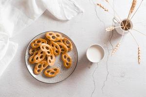 bavarese salatini su un' piatto e un' tazza di latte su il tavolo. merenda per veloce cibo. superiore Visualizza foto