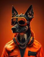 ritratto di cattivo cani indossare giacca su arancia sfondo. creato generativo ai foto