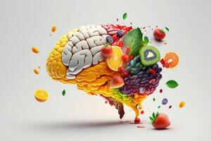 vario frutta formatura un' creativo cervello, mangiare salutare cibo come nutrizione per Ottimizzare memoria e pensiero. generativo ai foto